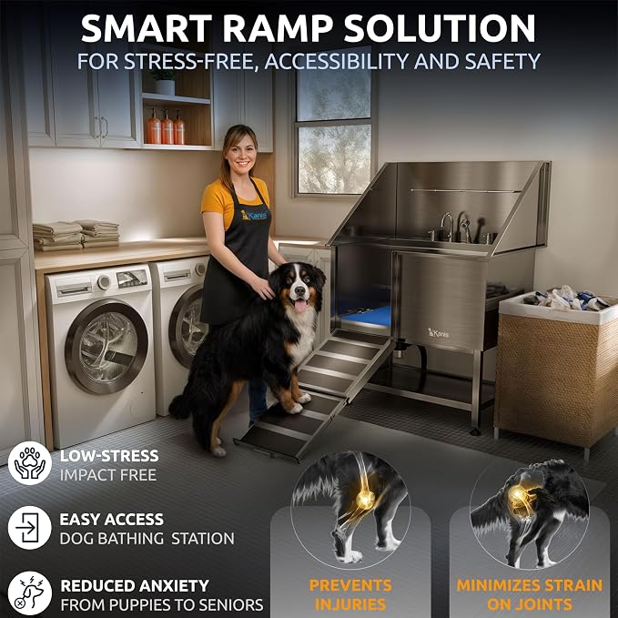 KANIS Professional Dog Washing Station 304 Stainless Steel Pet Wash Sink & Grooming Bathtub w/Shower, Floor Grates and Storage for Large, Medium & Small Pets (Silver, 40 Inches, Left Ramp, Shelf)