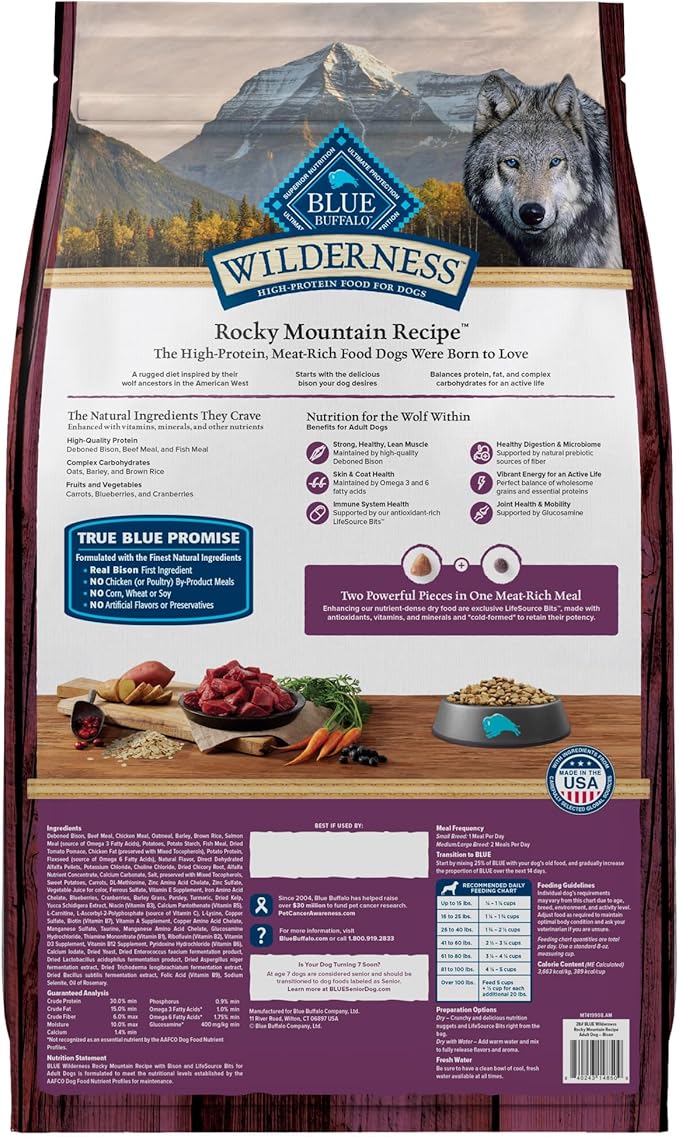 Blue Buffalo Wilderness Rocky Mountain Recipe with Bison High Protein & Wholesome Grains Dry Dog Food for Adult Dogs, 30% Protein, Supports Immunity With Antioxidant-Rich LifeSource Bits, 28 lbs.