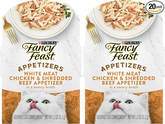 Fancy Feast Purina Appetizers Lickable Grain Free Cat Food Topper White Meat Chicken and Shredded Beef Appetizer - 1.1 oz. Trays,(Pack of 20)