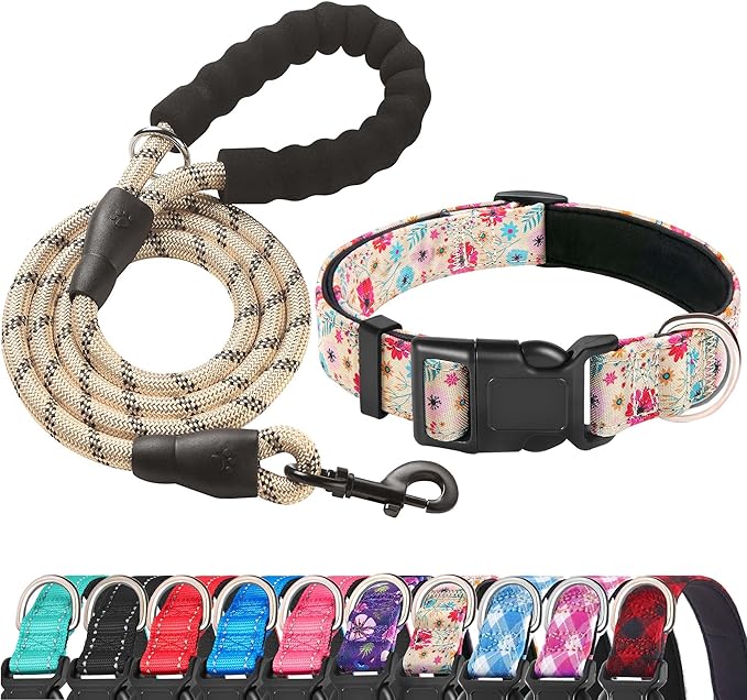 Ladoogo Reflective Dog Collar Padded with Soft Neoprene Breathable Adjustable Nylon Dog Collars for Small Medium Large Dogs (X-Small (Pack of 1), Vanila/Pink Floral Collar+Leash)