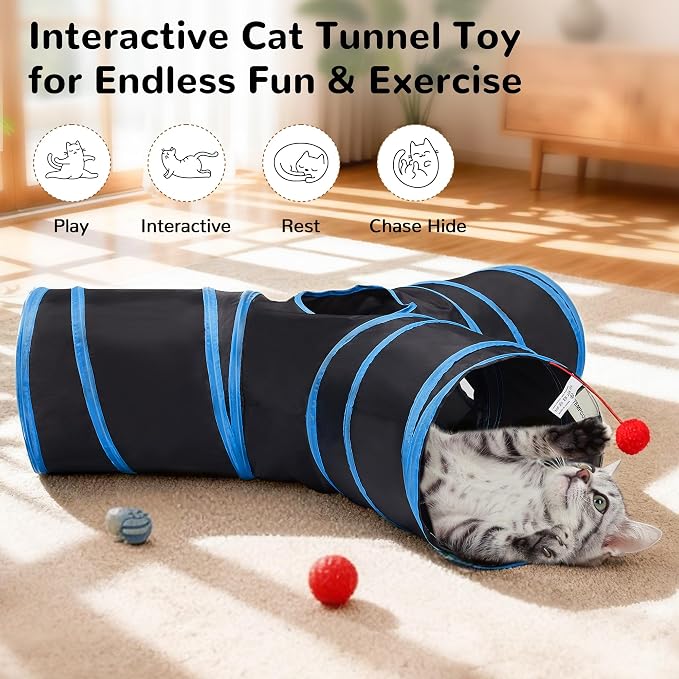 Tempcore Cat Tunnel for Indoor Cats, 3 Way Collapsible Pet Play Tunnel with Teaser Wand, Peek Holes & Hanging Ball, Interactive Tube for Kittens & Rabbits, Black & Royal Blue