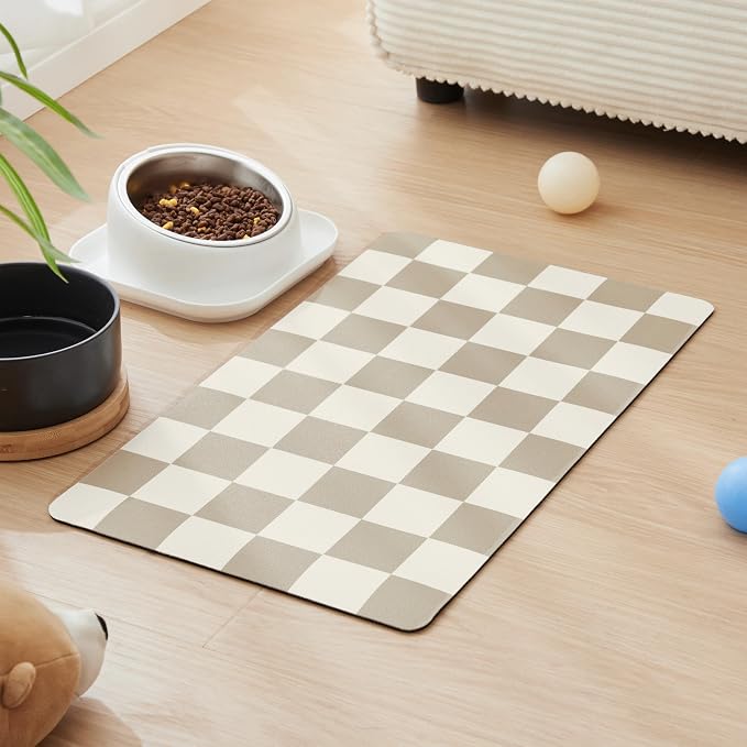 Checkered Dog Feeding Mat, Absorbent Mats for Dog Food and Water Bowl, Dispenser, Aesthetic Khaki Beige Checkerboard Pet Placemat for Dogs, Cats, Puppy Accessories (Khaki, 16 x 24)