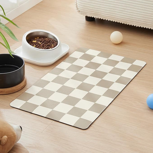 Checkered Dog Feeding Mat, Absorbent Mats for Dog Food and Water Bowl, Dispenser, Aesthetic Khaki Beige Checkerboard Pet Placemat for Dogs, Cats, Puppy Accessories (Khaki, 12 x 19)