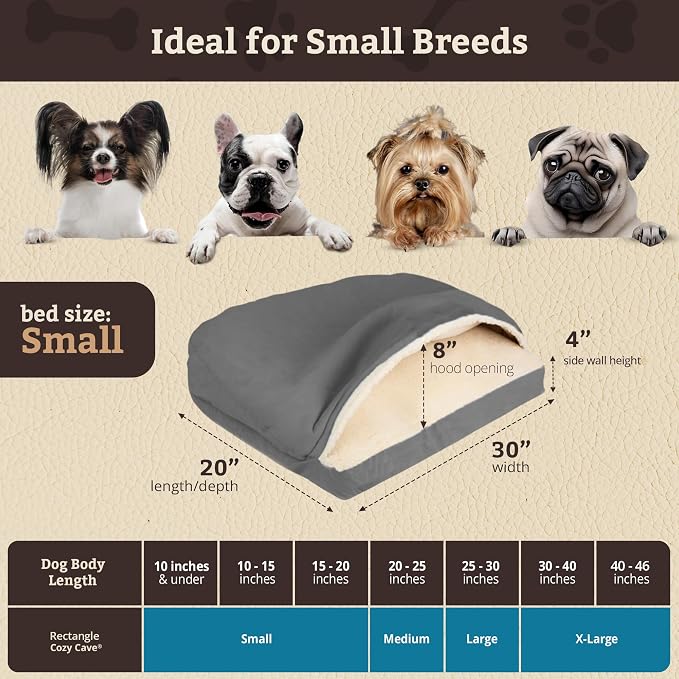 Snoozer Rectangle Cozy Cave Dog Bed - Indoor Dog Bed with Cover Cave, Covered Calming Burrow for Small Sized Pets with Blanket Attached, Enclosed, Washable Cover - Small, Anthracite