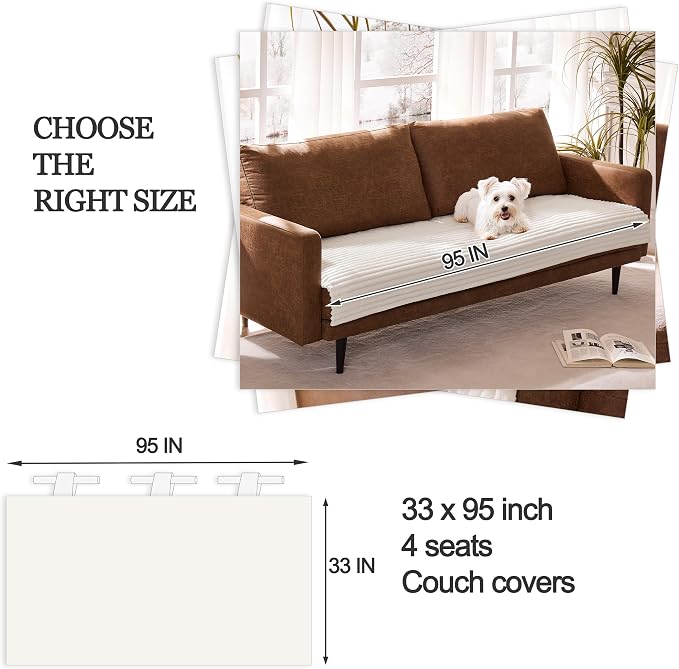 Dual Non-Slip Couch Cover for Dogs Waterproof, Fuzzy Soft Pet Couch Covers for Sofa 3 Cushion, Pet Friendly Soft Dog Bed Covers Sofa Cover Washable (White, 33" x 95" 1 Pack)