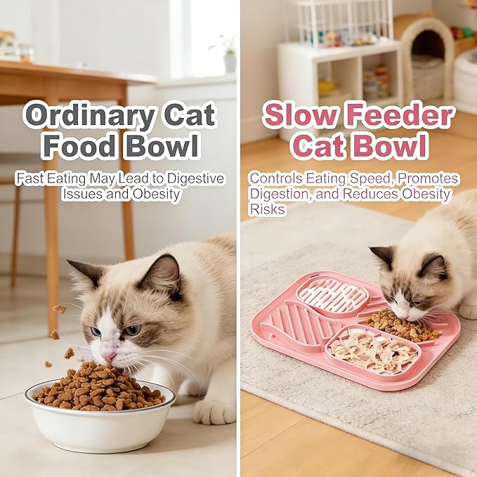 AZY 3-Piece Slow Feeder Cat Bowl Set, Silicone Cat Lick Mat, Cat Treat Dispenser & Food Spoon for Wet Food, Slow Eating & Daily Cat Enrichment (Pink)