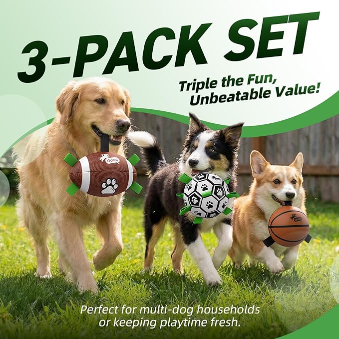 QDAN Dog Soccer Ball Football Basketball Set - 3 PCS Dog Balls with Strap for Tug of War, Soccer Ball Football Toys for Small Medium Large Dogs, Herding Ball for Dogs, Dog Birthday Toy