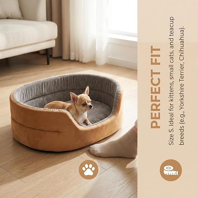 Small Dog Bed Cat Bed 16x20 Inch, Calming Pet Bed for Dogs & Cats, Machine Washable Dog Bed, Half-Enclosed Open-Top Velvet Anti-Anxiety Bed, Cozy Snuggle Bed (Camel)