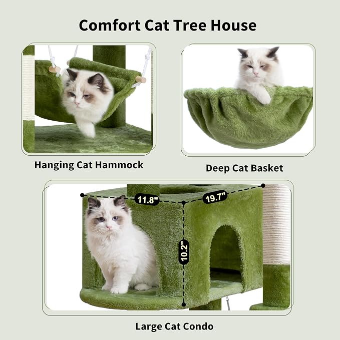 Gitelsnour Cat Tree, Cat Tower for Large Cats with 2 Big Platforms, 2 Baskets, condo and Toys, 63" Cat Scratching Posts for Indoor Cats, Green GCT020GR