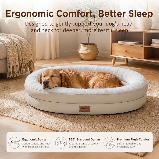 Orthopedic Dog Bed for Large Dogs, Waterproof Dog Bed for Large Size Dogs with Bolsters, Egg Crate Foam Sofa Bed with Washable Removable Cover & Non-Slip Bottom, Light Beige