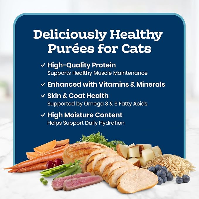 Blue Buffalo Tastefuls Purées Variety Pack Wet Cat Food Complement (Chicken & Tuna) Made with Natural Ingredients, for All Life Stages, 3-oz. Resealable Pouches (12 Count)