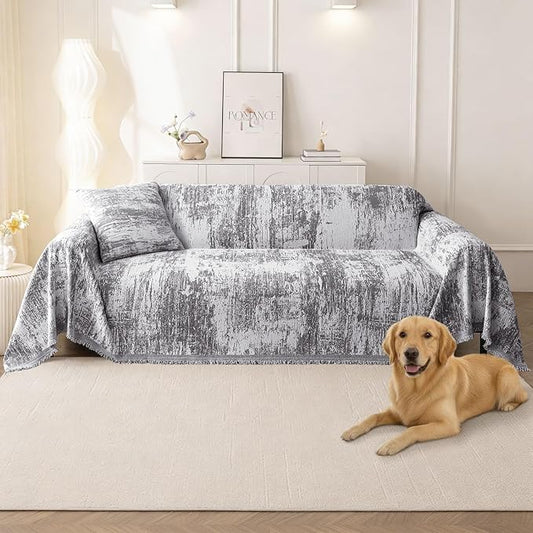 hyha Couch Cover for Dogs, Boho Sofa Covers for 3 Cushion Couch Washable, Chenille Sofa Slipcover for Pets, Soft Loveseat Sectional Couch Throw Blankets with Tassels (Dark Grey/White, 71x118 Inch)