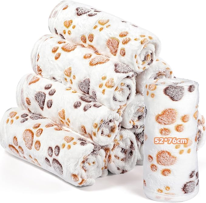 Tegeme 12 Pcs Pet Blankets 30 x 20 Inch Soft Fluffy Fleece Dog Cat Warm Paw Print Pattern Blankets Flannel Throw for Pets Dog Puppy Cat(White)