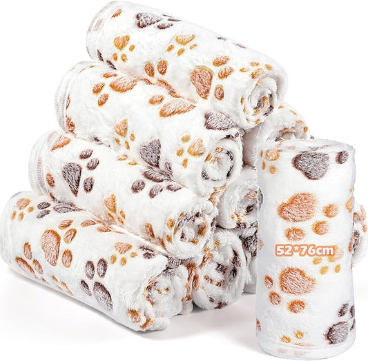 Tegeme 12 Pcs Pet Blankets 30 x 20 Inch Soft Fluffy Fleece Dog Cat Warm Paw Print Pattern Blankets Flannel Throw for Pets Dog Puppy Cat(White)