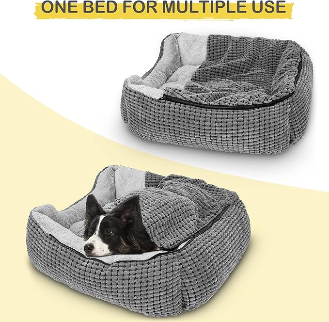 GASUR Dog Beds for Small Dogs with Cover Cave, Cat Beds for Indoor Cats, Rectangle Hooded Dog Puppy Bed with Blanket, Cozy Anti-Anxiety, Anti-Slip Bottom and Machine Washable (20", Grey)