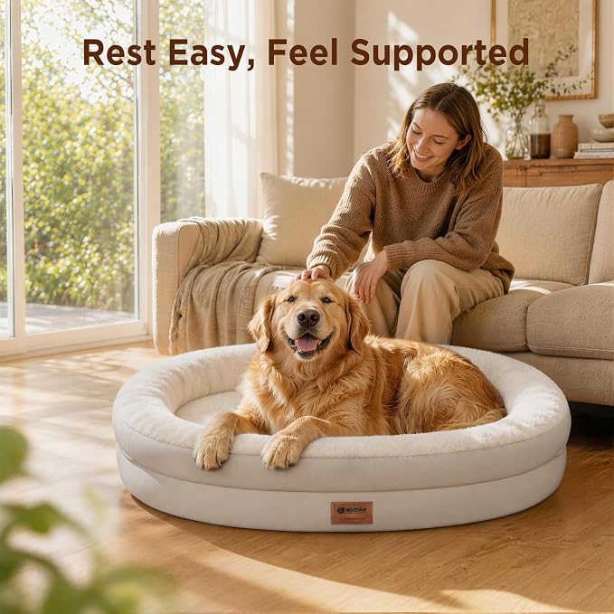 Orthopedic Dog Bed for Large Dogs, Waterproof Dog Bed for Large Size Dogs with Bolsters, Egg Crate Foam Sofa Bed with Washable Removable Cover & Non-Slip Bottom, Light Beige