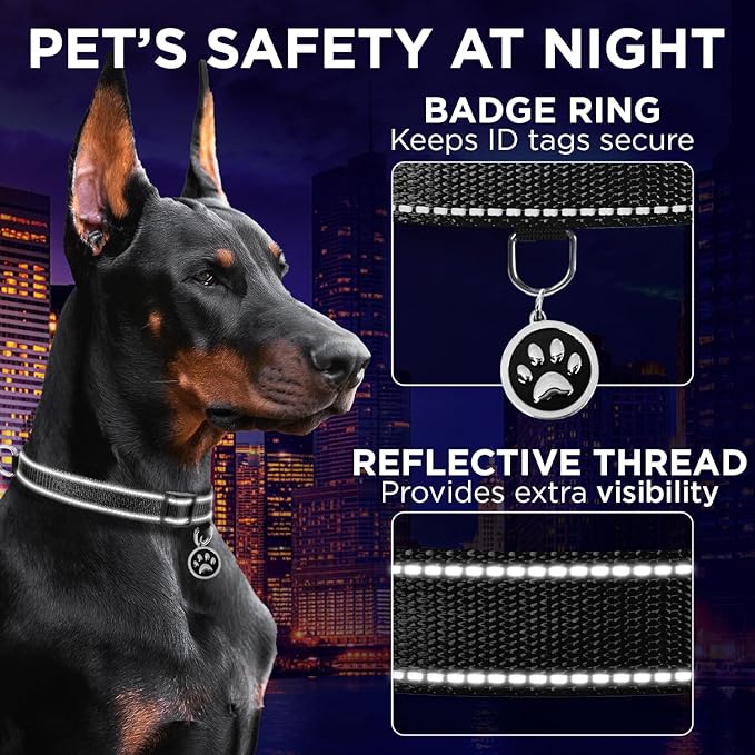 TECEUM Reflective Dog Collar – Black – XXS – Extra Soft Padding – Basic Nylon Pet Collar – Quick Release Buckle – Fits Small, Medium and Large Dogs, Puppies, Cats – ESA & Service Dog Options