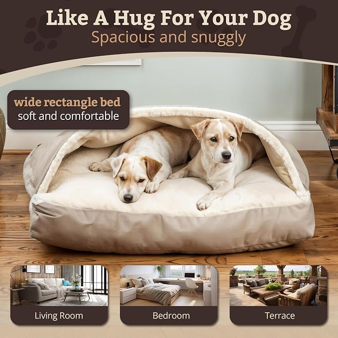 Snoozer Rectangle Cozy Cave Dog Bed - Indoor Dog Bed with Cover Cave, Covered Calming Burrow for Small & Medium Sized Pets with Blanket Attached, Enclosed, Washable Cover - Medium, Buckskin