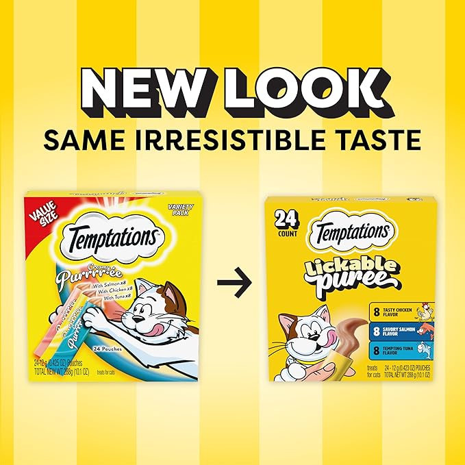 Temptations Creamy Puree Squeezable Lickable Cat Treats, Wet Cat Treats with Chicken, Salmon, and Tuna Variety Pack, 0.42 oz. Tubes, 24 Count