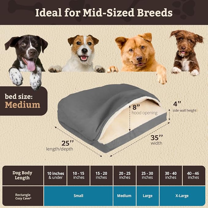 Snoozer Rectangle Cozy Cave Dog Bed - Indoor Dog Bed with Cover Cave, Covered Calming Burrow for Small & Medium Sized Pets with Blanket Attached, Enclosed, Washable Cover - Medium, Anthracite