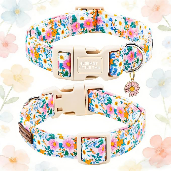 Elegant Little Tail Summer Dog Collar, Pink Daisy Floral Pattern Soft Cotton Pet Collars with Sturdy Quick Release Girl Adjustable Pet Collar for Small Medium Large Dogs