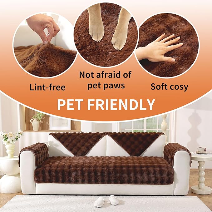 Waterproof Dog Bed Cover Non Slip Couch Covers for Dogs Washable Soft Faux Fur Sofa Cover Couch Covers for 3 Cushion Couch Sofa Pet Friendly (Brown, 24" x 24" 2 Pack)