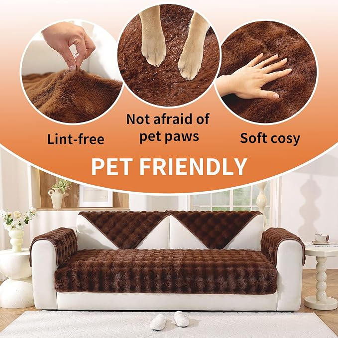 Waterproof Dog Bed Cover Non Slip Couch Covers for Dogs Washable Soft Faux Fur Sofa Cover Couch Covers for 3 Cushion Couch Sofa Pet Friendly (Brown)