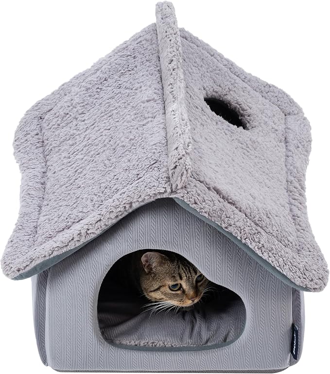 Pelzin Cat Houses for Indoor Cats - Large Cat Cave Bed with Removable Support Foam and Washable 2-Side Mat - Covered Cat Bed for Cat Hideaway - Enclosed Cat Hideout for Kitten and Small Pet, Grey