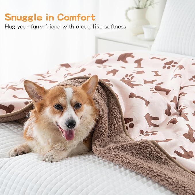 Waterproof Dog Blankets Pet Blanket 50"x60", Soft Fluffy Sofa Car Bed Protector, Reversible Sherpa Fleece Dog Blanket for Large Dogs(Beige-House)