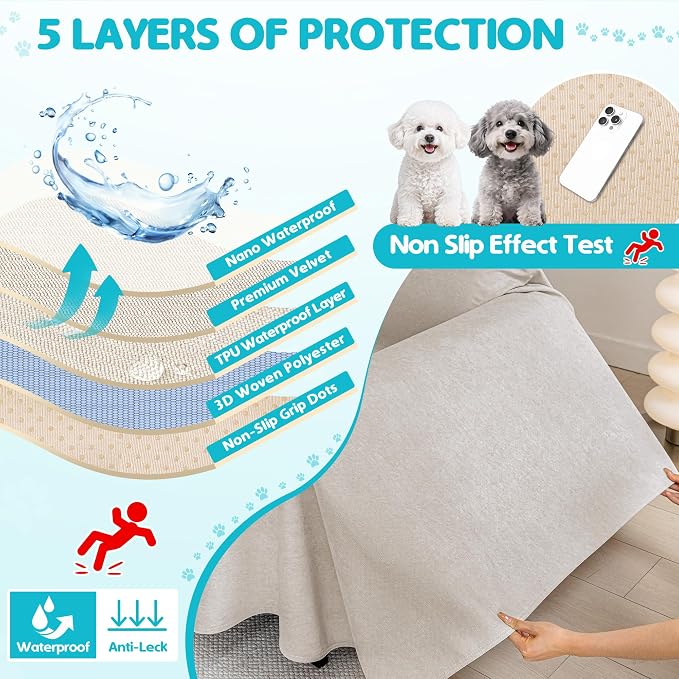 Loiion 100% Double-Sided Waterproof Dog Sofa Cover - Anti-Slip, Leakproof Couch Cover, Pet-Friendly Couch Protectors for Puppy, Large Dog, Kids and Pets150 X71 Almond