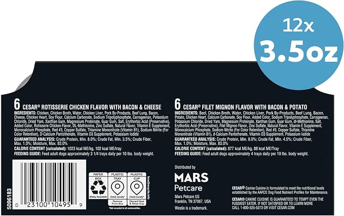 Cesar Loaf in Sauce Wet Dog Food Rotisserie Chicken Flavor with Bacon & Cheese and Filet Mignon Flavor with Bacon & Potato Variety Pack, 3.5 oz. Easy Peel Trays, 12 Count (Pack of 2)