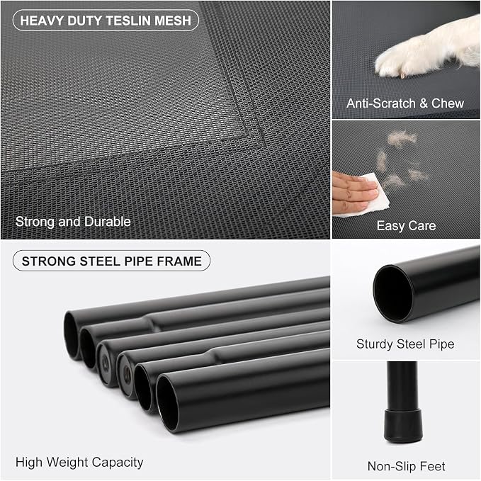 Cooling Elevated Dog Bed with Non-Slip Floor Protectors & Breathable Mesh, Raised Indoor & Outdoor Dog Cot Hammock, 41" L x 26" W x 8" Th, Medium, Grey