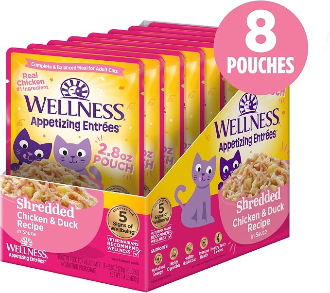 Wellness Appetizing Entrées Shredded Adult Wet Cat Food, Natural, Protein Rich, Grain Free, Chicken and Duck Recipe, 2.8 oz, Pack of 8 Pouches