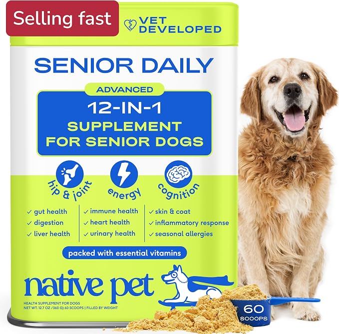 Native Pet Senior Daily Dog Vitamins & Supplements – 12-in-1 Dog Multivitamin Powder for Senior Dogs – Supports Mobility, Cognition, Digestion, Immune Health & More – 60 Scoops