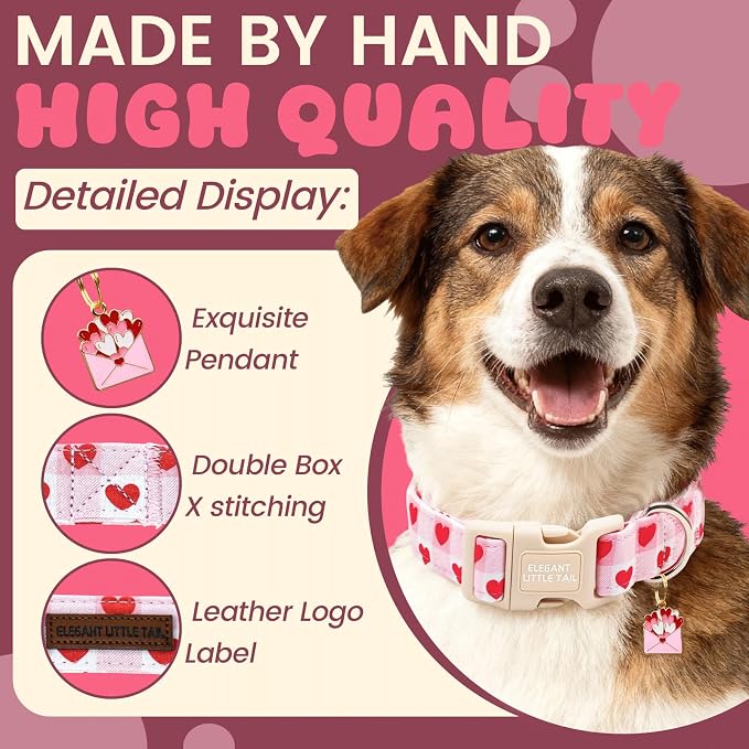 Elegant little tail Valentine's Dog Collar - Pink Plaid Red Heart Dog Collars Cotton Soft Puppy Adjustable Pet Collars with Sturdy Quick Release Buckle for X-Small Dogs