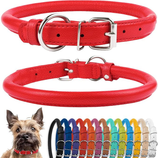 CollarDirect Rolled Leather Dog Collar, Soft Padded Round Puppy Collar, Handmade Genuine Leather Collar Dog Small Large Cat Collars 13 Colors (6-7 Inch, Red Textured)