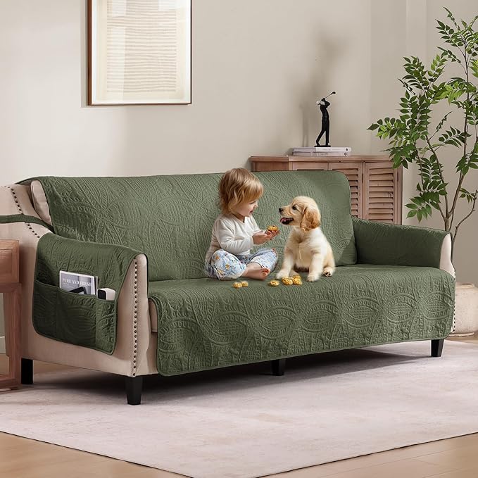 Olive Green Quilted Couch Cover with Pockets for Extra-Large Sofa, Anti-Slip Sofa Covers for Dogs Washable, Pet Friendly Oversized Sofa Cover Water-Repellent (X-Large Sofa 78", Olive Green)