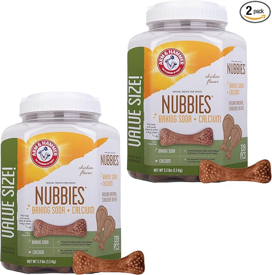 Arm & Hammer for Pets Nubbies Dental Treats Value Size Baking Soda Calcium Chicken Flavor Scrubs Plaque Tartar Freshens Breath 139 Count 52.8 OZ 2 Pack Dogs for Daily At-Home Oral Hygiene Routines