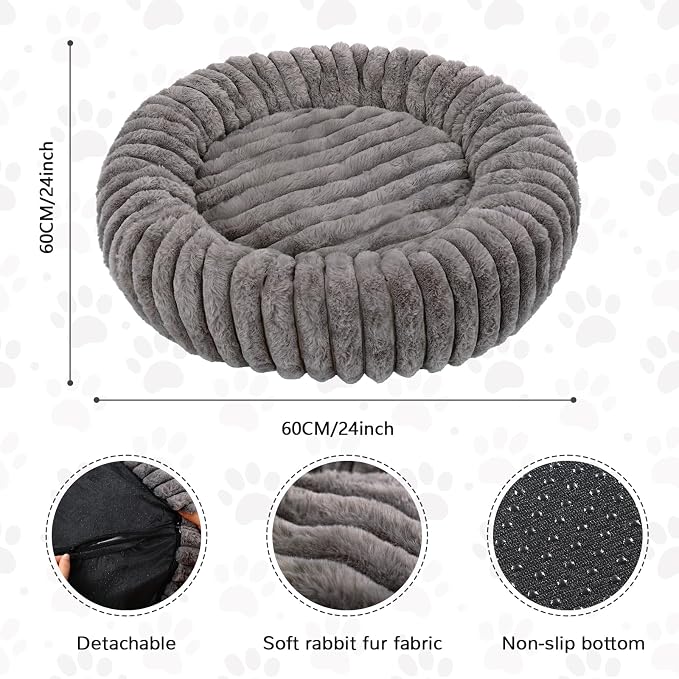 Cat Bed for Indoor Cats, 24 inch Calming Cat Bed with Ultra Soft Plush, Machine Washable Round Anti-Anxiety Pet Bed for Large Cats and Small Dogs, Grey