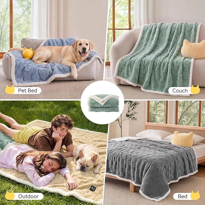 Luciphia Waterproof Dog Blanket, Leakproof Medium Pet Blanket for Couch Sofa Bed Furniture Cover Protector, Washable Soft Sherpa Fleece with 3D Jacquard, Cozy Calming Reversible, Sage Green, 57"x40"
