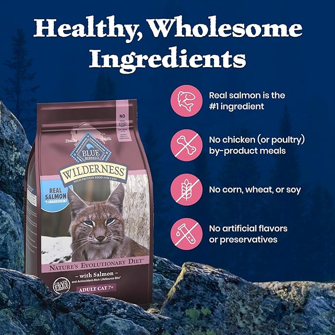 Blue Buffalo Wilderness High-Protein & Grain-Free Dry Food for Mature Adult Cats 7+, Made with Natural Ingredients, Salmon Recipe, 5lb Bag
