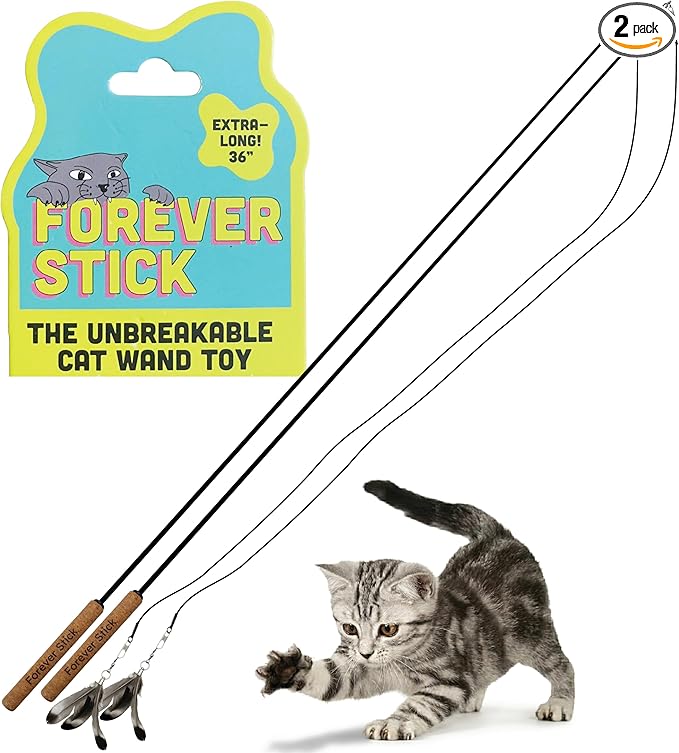 Forever Stick 2-Pack - The Unbreakable Cat Wand Toy, Durable Cat Toy Wand, Extra Long Cat String Toy, Cat Fishing Pole Toy for Bored Indoor Adult Cats, Cat Stick Toy, Cat Feather Wand, Cat Teaser Wand