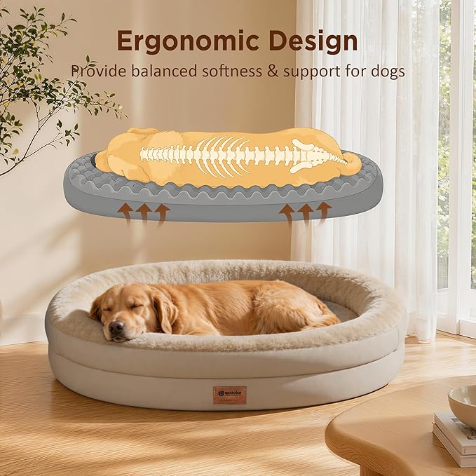 Orthopedic Dog Bed for Extra Large Dogs, XL Waterproof Dog Bed with Bolsters, Supportive Egg Crate Foam Pet Couch Bed with Removable Washable Cover & Non-Slip Bottom, Light Brown