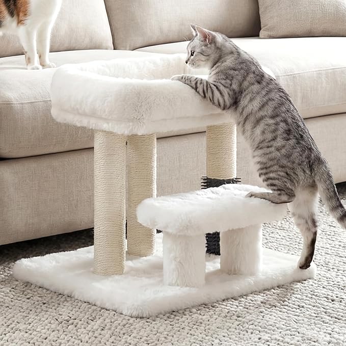 Heybly Cat Scratching Post, Small Cat Tree Tower with 3 Full Sisal Posts, Removable Plush Bed, Grooming Brush, Stable & Space-Saving Cat Furniture with Gentle Step for Indoor Cats, White HSP001SWH