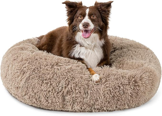 PetAmi Calming Dog Bed for Small & Medium Dogs, Cats & Puppy, Warming Round Donut Cuddler Bed, Anti-Anxiety Fluffy Shaggy Faux Fur Pet Bed, Machine Washable, Non-Slip Bottom, 30 Inch - Taupe