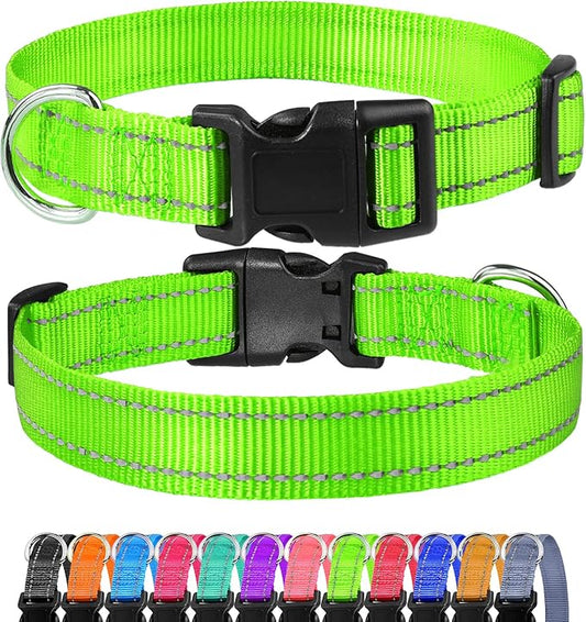 FunTags Length 16" - 24" Reflective Green Dog Collar for Large Dogs – Night Walking & Training Safety, Durable Quick Release Buckle, Nylon, Comfortable Adjustable, Width 1"