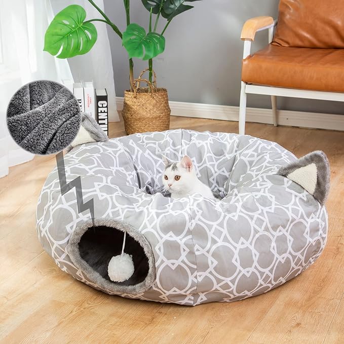 Geometric Cat Tunnel Bed Under Christmas Tree Oxford Outside with Plush Inside,Cats Toys Collapsible Tunnel Tube with Balls, for Rabbits, Kittens, Ferrets,Puppy 3FT
