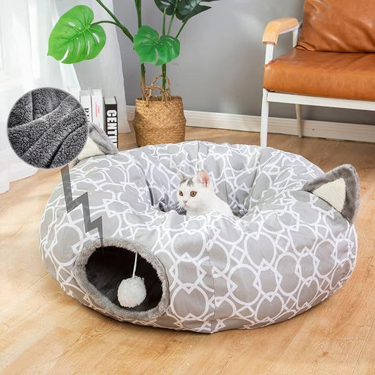 Geometric Cat Tunnel Bed Under Christmas Tree Oxford Outside with Plush Inside,Cats Toys Collapsible Tunnel Tube with Balls, for Rabbits, Kittens, Ferrets,Puppy 3FT