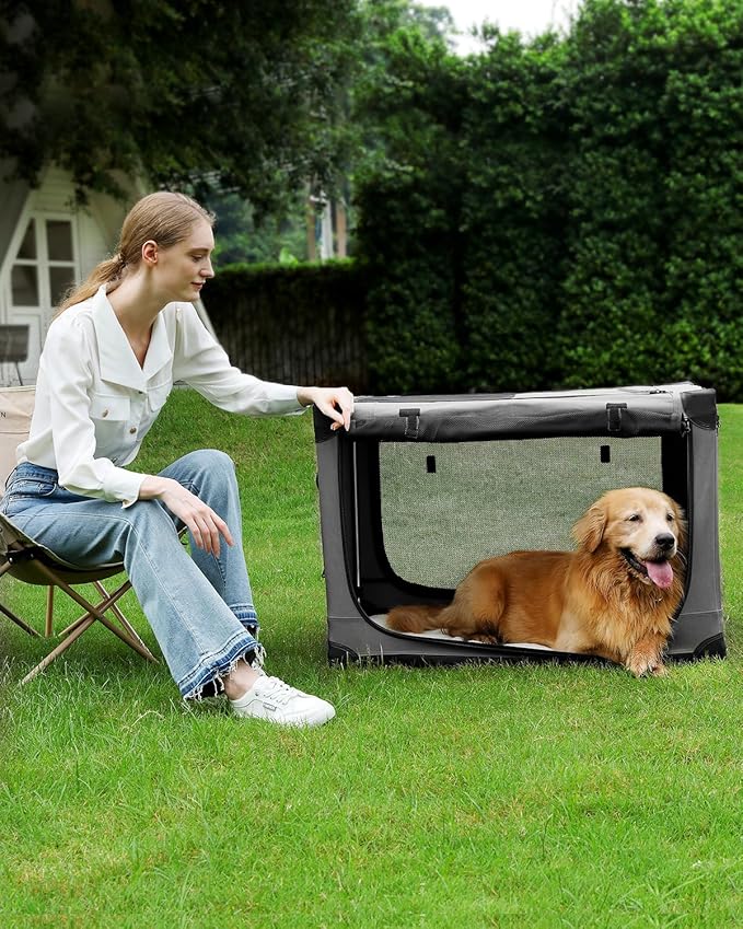Veraste 24" L x 17" W x 17" H Collapsible Travel Dog Crate, Portable Soft Dog Kennel for Small Medium Pets up to 30 lbs, 4-Door Foldable Travel Crate with Durable Mesh & Storage Bag, Grey