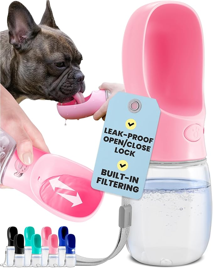 MalsiPree On the Go Dog Water Bottle Dispenser - 12 oz Pink - Leak-Proof Lock & One-Hand Operation - Pet Travel Bottle with Built-in Bowl, for Travel, Trail Hiking, Park Visit, Camping & Beach Days